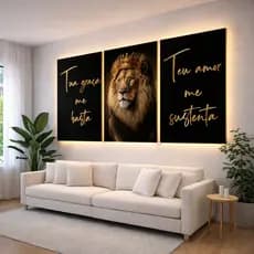Quadros Decorativos Tua Graça Me Basta Leão de Judá Para Quarto Sala Luxo 3 Pçs Hd