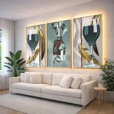Quadro Decorativo 3 Peças Mdf Taça Abstrato Colorido Para Copa Cozinha Luxo