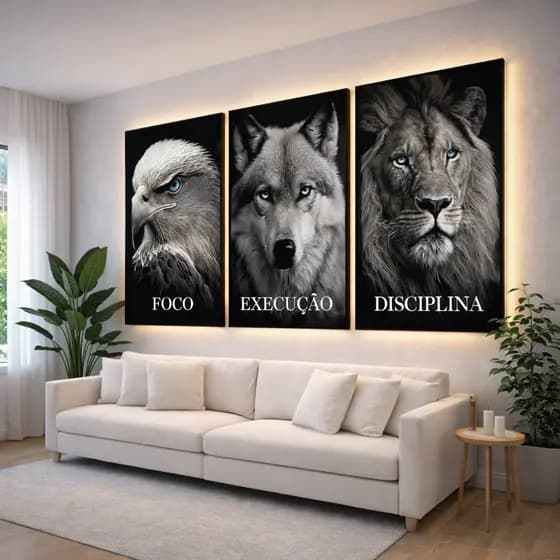 Quadro Decorativo 3 Peças Leão Águia Lobo Disciplina Motivacionais Sala Quarto