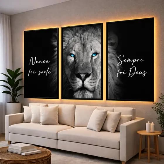 Quadros Decorativos Leão de Juda Preto e Branco Nunca Foi Sorte Sempre Foi Deus Quarto Sala