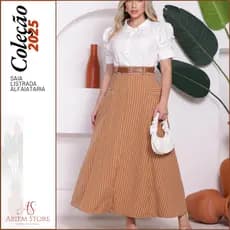 Saia Alfaiataria Listrada Longa Feminina Moda Elegante Evangélica Social com Cinto Alfaiataria