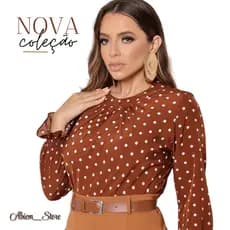 Blusa Feminina Poá de Bolinha em Crepinho Básica Soltinha Manga Longa Elegante Moda Evangélica