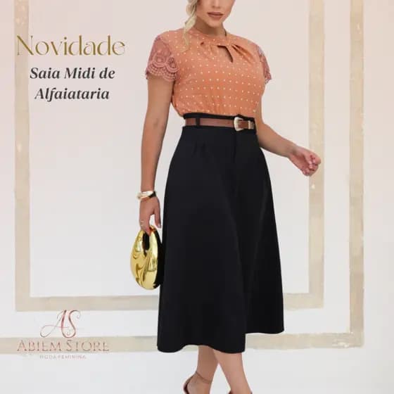 Saia Midi Alfaiataria Feminina com Cinto e Botões Elegante Social Moda Evangélica
