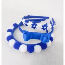 kit Volta as Aulas 3 Lindas Tiara azul Royal e Branco Com Pompom Florzinhas e Meia Pérola