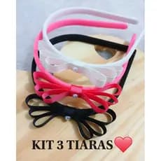 kit 3 Tiaras Luxo Com Laço Triplo Na Fita De Gorgurao e Meia Pérola Acessório de Cabelo Infantil Arquinho Diadema Kit 3