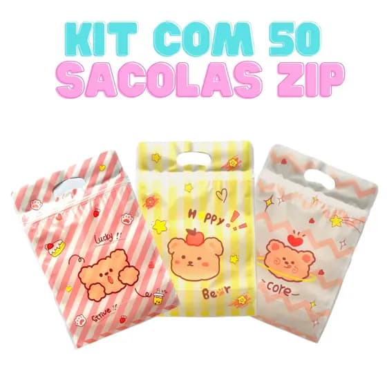 Kit c/ 50 Sacolas Auto-Adesivas De Plástico Estampada Desenho Animado Para Biscoitos/Doces/Bolo/Comida Zip Lock