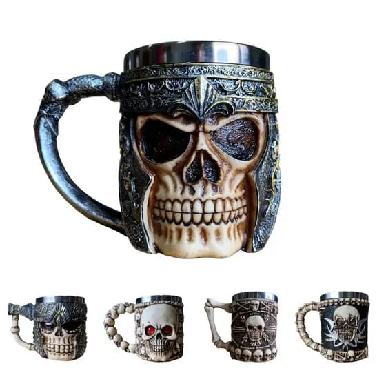 Caneca Caveira Viking Medieval Resina Aço Inox 450ml