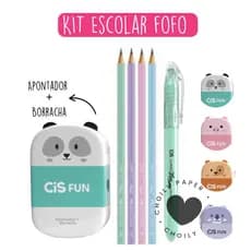 Kit Escolar Fofo Cis e Faber-Castell com Lápis HB Apontador Borracha e Marca Texto Papelaria