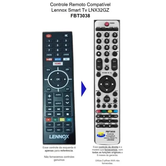 Controle Remoto Compatível Tv Lennox Lnx32Gz FBT3038