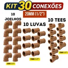 30 Conexões Pvc Hidráulico Soldável Água Fria 20mm 1/2 10 Joelhos 10 Luvas 10 Tees Alta Qualidade