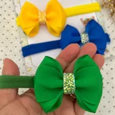 Kit 3 Faixinhas Bebê Brasil Copa do Mundo Verde Amarelo Azul Lacinho Infantil RN Menina
