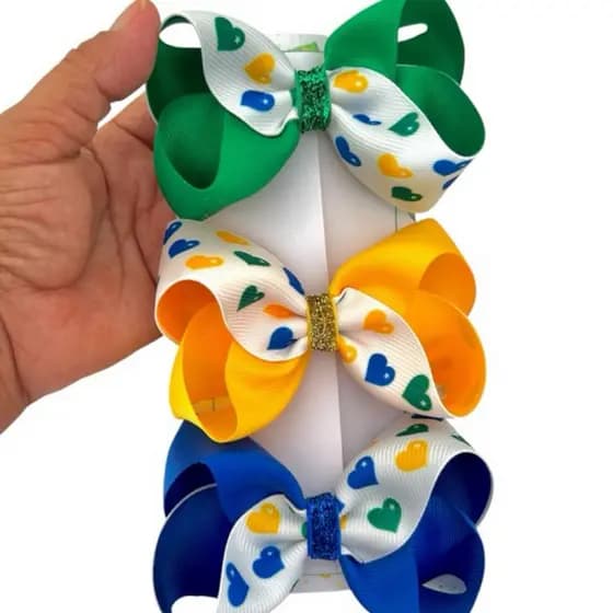 Kit 3 Laços Infantil Brasil Boutique Luxo Menina Verde Amarelo Azul Bico de Pato