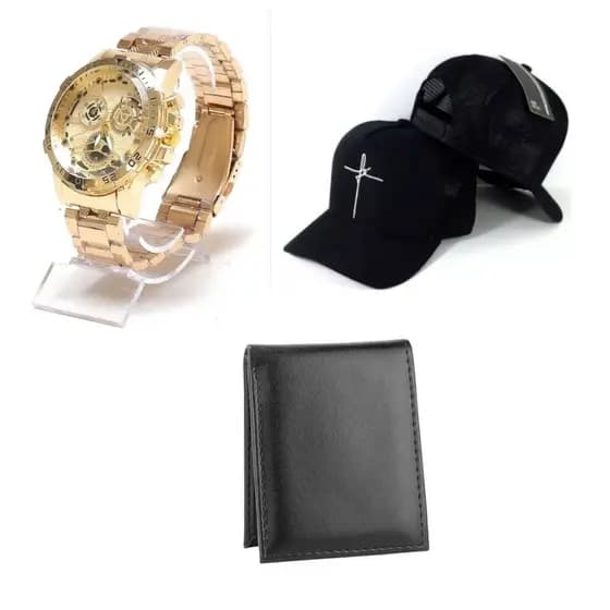 Kit Masculino Presente Homem Relógio Dourado + Boné + Carteira Promocao para o natal