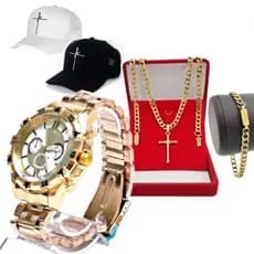 Kit Masculino Presente Relogio Masculino Dourado + Boné + Corrente Cruz 18k e pulseira para o natal