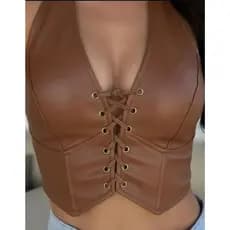 Cropped Feminino  de  Couro com Amarração Frontal Ajustável  Costas  nuas Moda Gringa