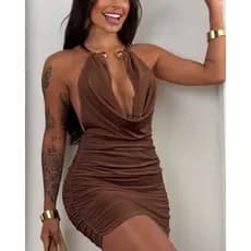 Vestido Curto Feminino Gola Drapeada Com Colar Dourado Moda Gringa Tecido Suplex