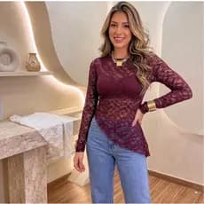 Blusa Feminina Manga Longa Assimetrica de Renda Moda Gringa Gola canoa