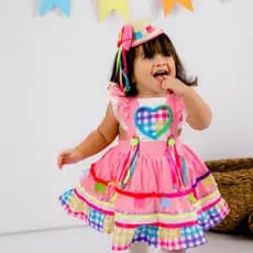 Vestido Caipira Junino Infantil Rosa Xadrez com Tiara – Fantasia Caipira Luxo para Festa Junina