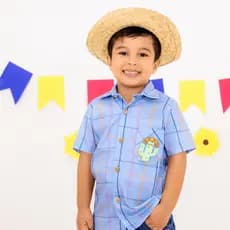 Camisa Junina Infantil Masculina Azul Xadrez São João Menino