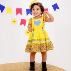 Vestido Caipira Junino Amarelo Girassol Xadrez Infantil