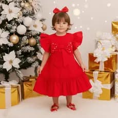 Vestido Infantil Natalino Vermelho em Tricoline + Laço – 7 a 18 meses