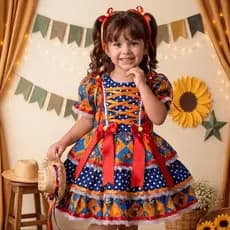 Vestido Junino Infantil Luxo Algodão Azul Festa Junina Menina 2 ao 8