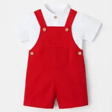 Conjunto Natalino Infantil Premium Menino – Jardineira Vermelha em Linho + Camisa Branca  | Look de Natal 1, 2 e 4