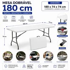 Mesa Dobrável Portátil 1,80m Vira Maleta com Alça Camping Churrasco Festa e Jardim Aço Reforçado
