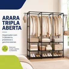 Guarda Roupa Arara Portátil 3 Divisões Cabideiro Organizador de Roupas Desmontável Preto Closet Aramado Reforçado