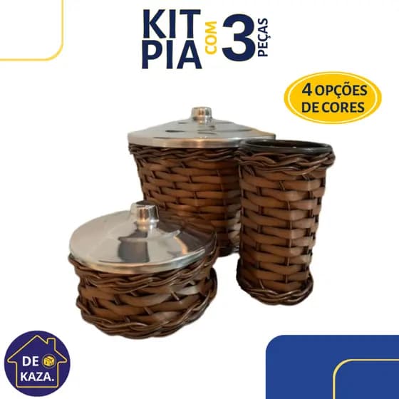 Kit Pia 3 Peças Lixeira / Porta Sabão e Bucha / Porta Detergente