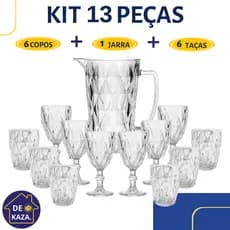 Kit Diamond Mesa Posta 13 Peças Vidro Transparente 1 Jarra + 6 Copos + 6 Taças