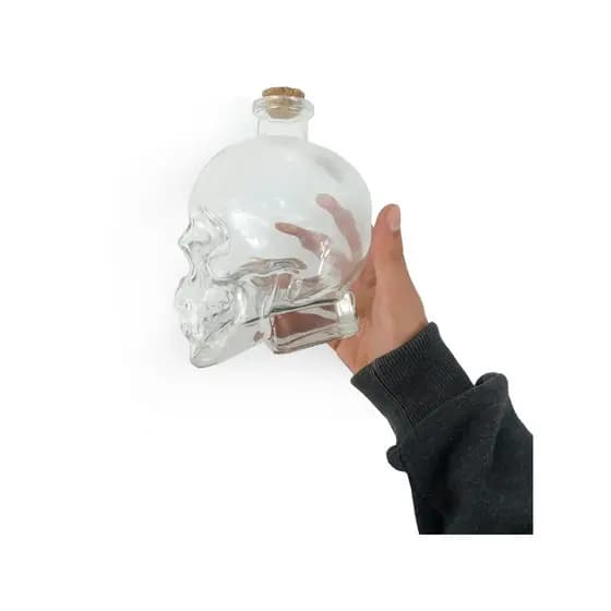 Garrafa de Vidro Formato Cranio Caveira Com Tampa Rolha Resistente 750ml