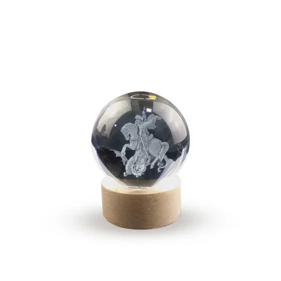 Luminária Abajur Globo São Jorge LED USB Enfeite Decorativo Esfera de Vidro 3D Base de Madeira