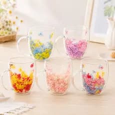 Caneca de Vidro com Pétalas Coloridas Dupla Parede 350ml Decorativa Elegante Moderna e Sofisticada