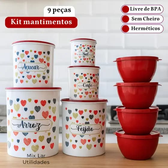 Kit de potes mantimentos de plástico 5 peças + 4 potes Boll para cozinha