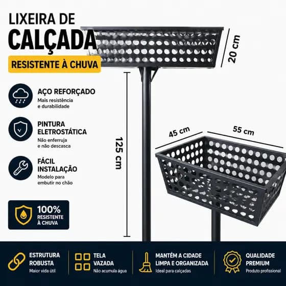Lixeira de Calçada Aço Reforçado 45x55 Cesto de Lixo para Rua Externa Resistente Chuva Poste Embutir