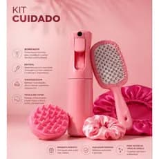 Kit Cuidado Capilar Completo Rosa Cetim Escova Massageador Borrifador Touca