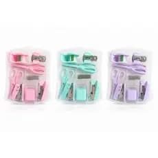 Kit Papelaria Rosa 6 Peças Completo Mini Escritório Escolar Grampeador Tesoura Fita Adesiva