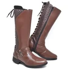 Bota Feminina Montaria Cano Longo Alto Boiadeira Barretos Cadarço Detalhada Zíper Rodeio Inverno Country Salto Baixo