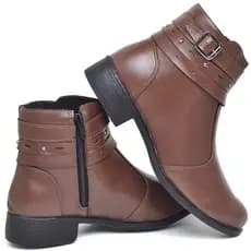 Bota Coturno Feminina Confortável Lançamento Cano Curto Médio Salto Baixo Fivela Zíper Inverno Barretos Rodeio