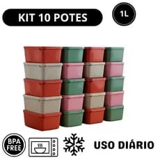 Kit 10 Potes Retangular 1L Armazenamento Alimentos Tampa Marmita BPA Free Micro ondas Freezer