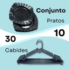 Kit 10 Pratos Plásticos Pretos e 30 Cabides Leves Resistentes Direto da Fabrica Envio Imediato