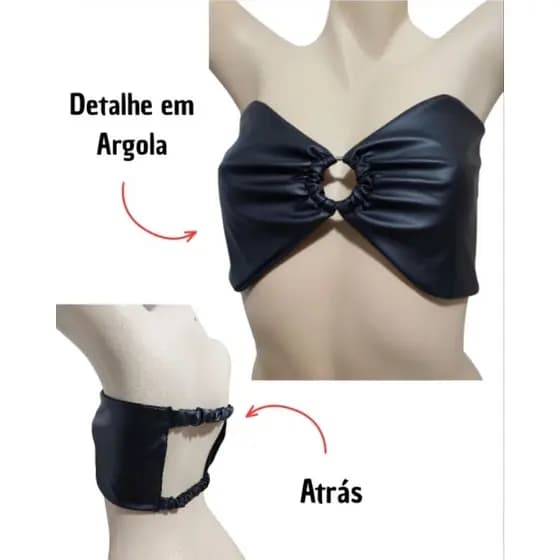 Top Cropped Feminino Couro Sintético Tomara Que Caia Com Argola Forrado
