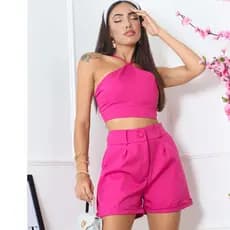 Conjunto Feminino Alfaiataria Cropped Amarração Costas Short Elegante