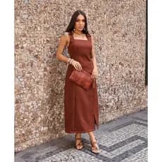 Vestido Midi Feminino Alfaiataria Elegante Com Fenda Social