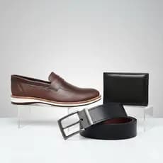 Kit Sapato Mocassim Masculino Cinto Carteira Confortável Preto Marrom Couro Loafer Social Casual