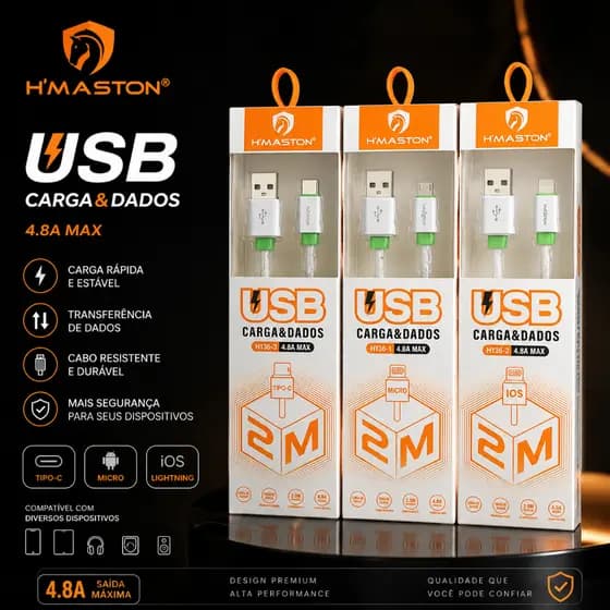 Cabo USB H’Maston 4.8A Tipo-C, Micro USB e iOS 2 Metros