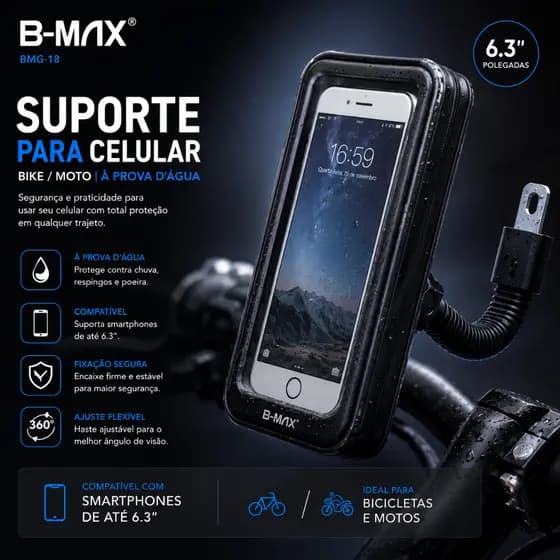 Suporte para Celular Bike e Moto À Prova D’Água 6.3” B-MAX BMG-18
