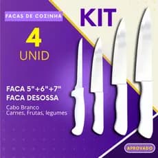 Jogo Facas Kit 2, 3 ou 4 Inox Desossa para Cozinha Cabo Branco Churrasco Açougue Uso Profissional