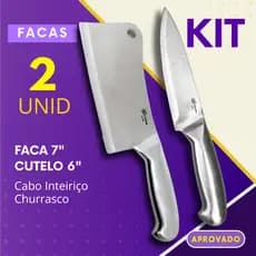 Faca e Cutelo Inteiriço 1 ou 2 Peças Aço Inox Profissional para Churrasco Açougue Cozinha